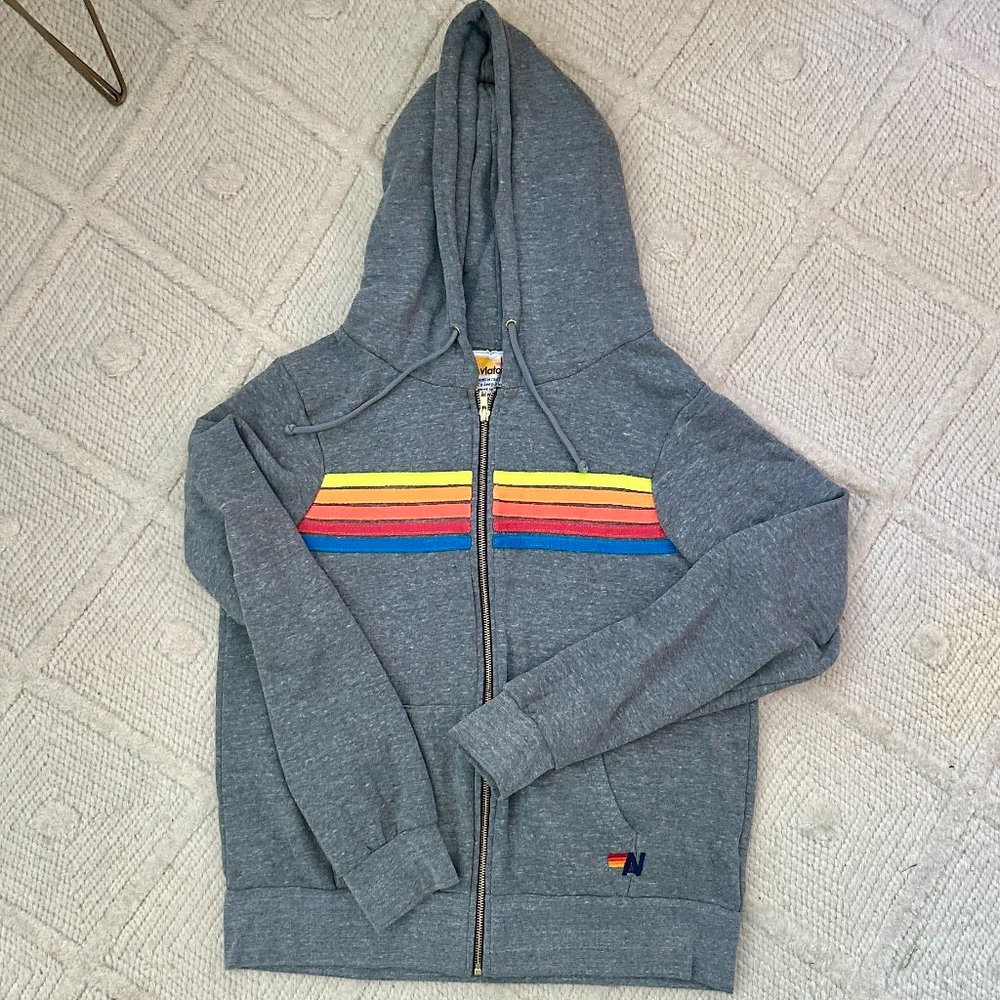 Aviator Nation 5 Stripe Hoodie - Heather Grey//Neon Rainbow
